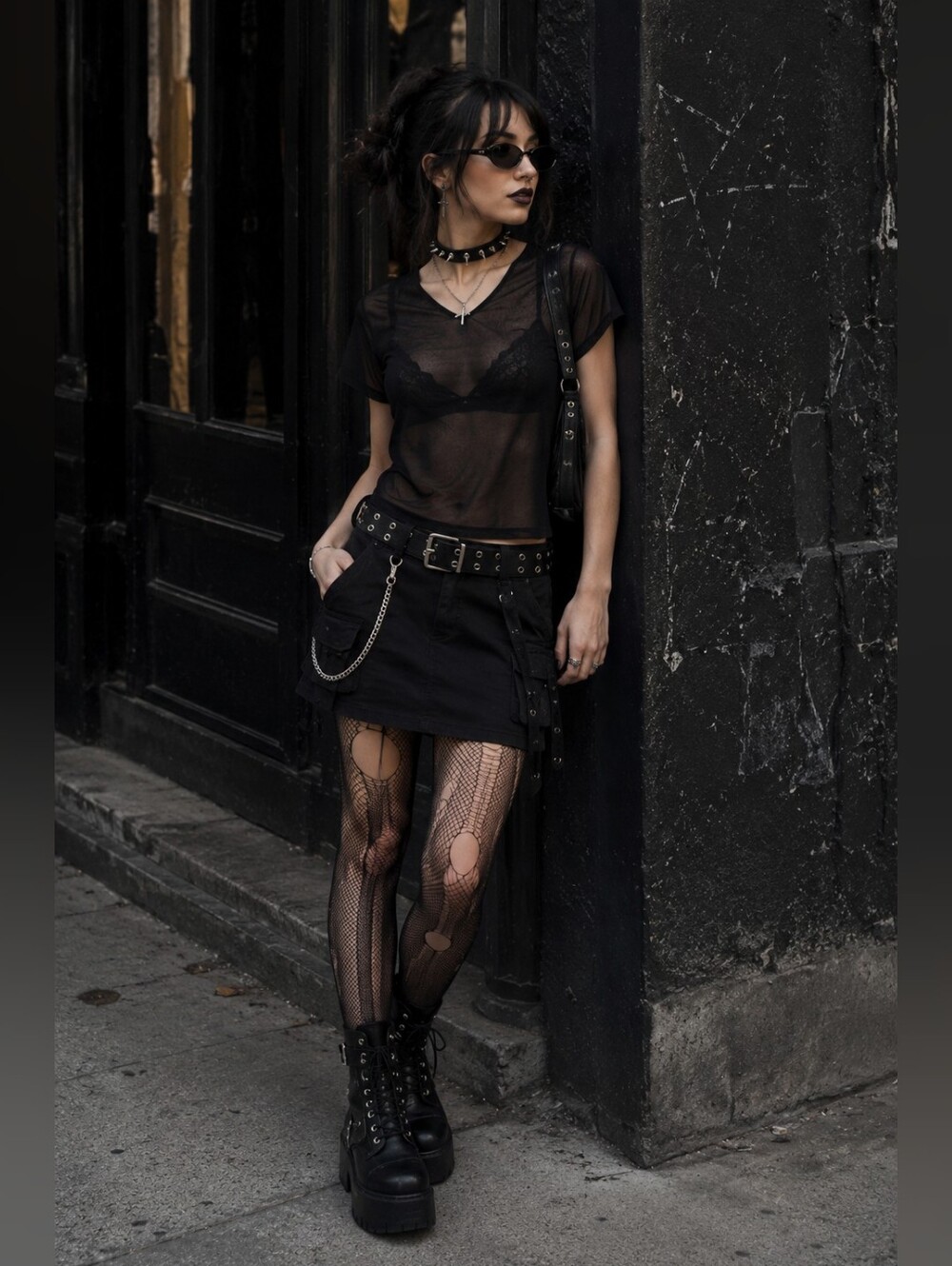 Vintage CHOOSE Black Sheer Mesh Top Y2K Goth Layering Tee Medium